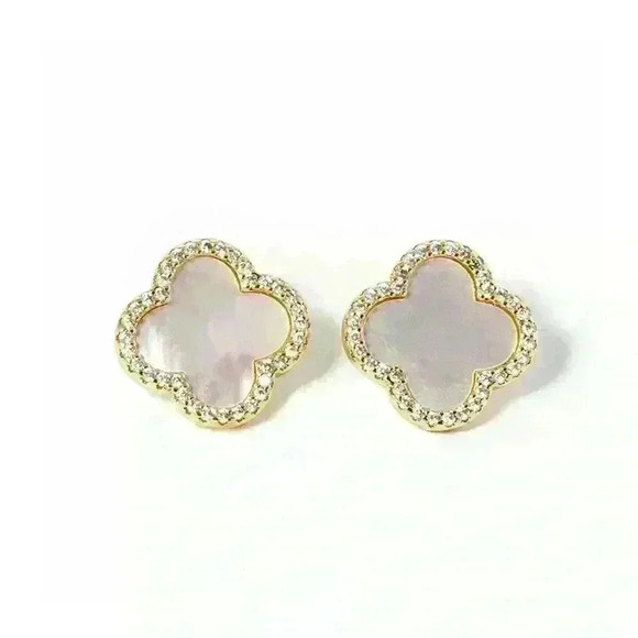 COPY - QUATREFOIL/CLOVER 14K GP STUD EARRINGS WITH PAVE CRYSTALS - Picture 1 of 2